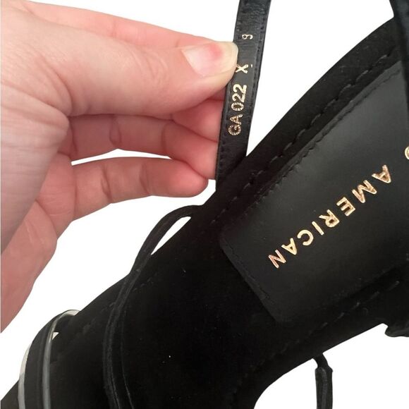 GOOD AMERICAN Velvet Strappy Heels Gold Square Toe Accent - Picture 4 of 7